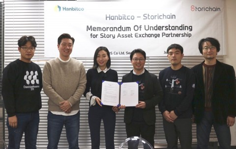 왼쪽부터 한빗코 허원호 부장, 한빗코 샘 킴 매니징 디렉터, 한빗코 김성아 대표, 스토리체인 이준수 대표, 스토리체인 경호연 책임, 스토리체인 정윤철 감독