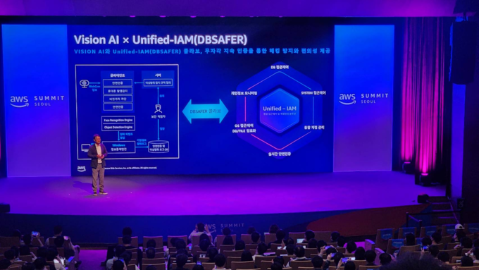 피앤피시큐어 김충일 기술 본부장이 17일 ‘AWS Summit Seoul 2024’에서 ‘데이터베이스 보안의 미래를 위한 접근제어시스템의 혁신과 패러다임 전환’을 주제로 강연을 진행했다. @ 피앤피시큐어