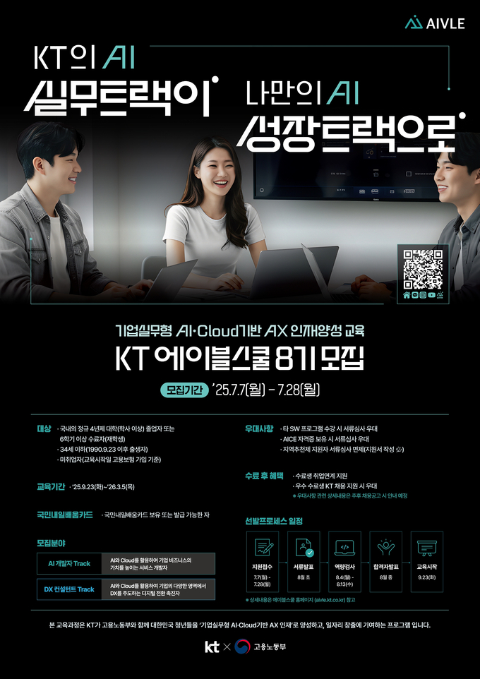KT가 오는 28일까지 청년 디지털 인재 양성 프로그램 KT 에이블스쿨의 8기 교육생을 모집한다고 밝혔다. 이미지/ KT