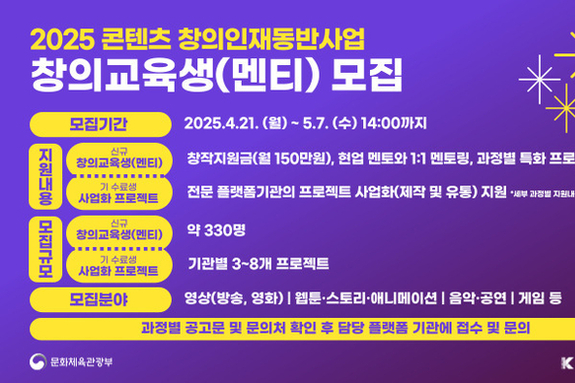 ‘K-콘텐츠 창의인재 330명 선발' 콘진원, 2025 콘텐츠 창의인재동반사업 교육생 모집